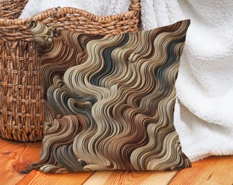May include: A decorative throw pillow with a brown, beige, and gray abstract wavy pattern.