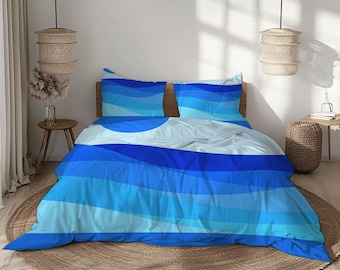 Funda nórdica con rayas degradadas azules, ropa de cama moderna inspirada en el océano, juego de edredón suave minimalista.