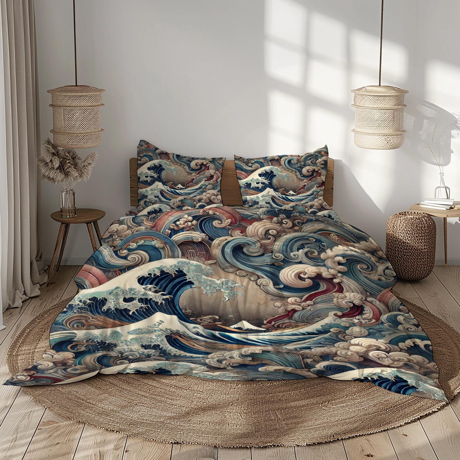Japanese Wave Bedding Set, Duvet Cover With Pillowcases in Bold Blue ...