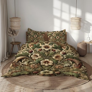 Vintage Botanical Bedding Set: Earthy Green Floral Duvet Cover