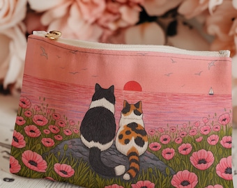 Kat met ritssluiting – tas met romantische zonsondergang bloemen – schattige roze make-updoos voor dagelijks gebruik