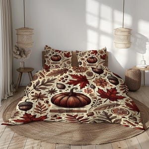Pumpkin Fall Bedding Set: Rustic Autumn Leaves Duvet Cover
