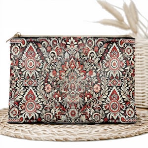 Schwarzer Perserteppich Beutel | Rote Boho Schminktasche | Tapisserie-Reißverschluss-Clutch | Orientalische Blumen Reisetasche | Vintage Boho Geschenk für Sie