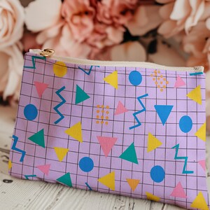 Retro Geometric Makeup Bag – 90s Pattern Zipper Pouch, Lilac Cosmetic Organizer Gift