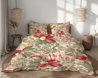 Cream Floral Bedding Set, Red Green Sage Duvet Cover, Beige Botanical Bedroom Decor, Cottage Garden Bed Set