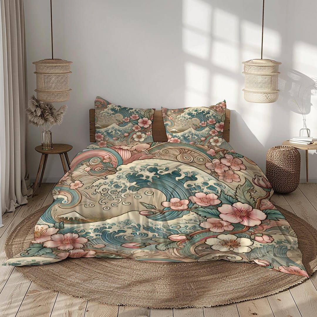 Japanese Wave Bedding Set: Floral Ocean Duvet Cover - Etsy