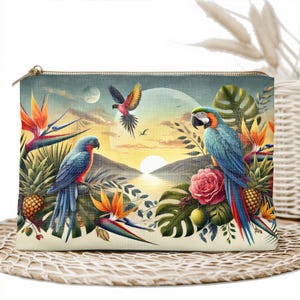 Tropical Parrot Zipper Pouch – Vibrant Bird of Paradise Makeup Bag – Sunset Travel Organizer – Exotic Gift for Women