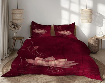 Set di biancheria da letto con motivo loto bordeaux, copripiumino con stampa floreale rosso vino e tonalità rosa, federe da 1/2 pollice.