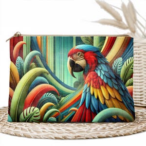 Tropical Parrot Art Zipper Pouch, Vibrant Jungle-Inspired Makeup Bag, Colorful Travel Organizer, Artistic Cosmetic Clutch, Unique Gift Idea