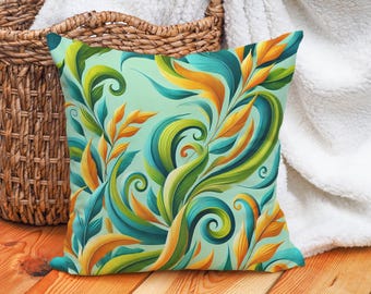 Colorful Abstract Botanical Pillow Cover – Vibrant Leaf Art Cushion, Tropical Decorative Throw Pillow