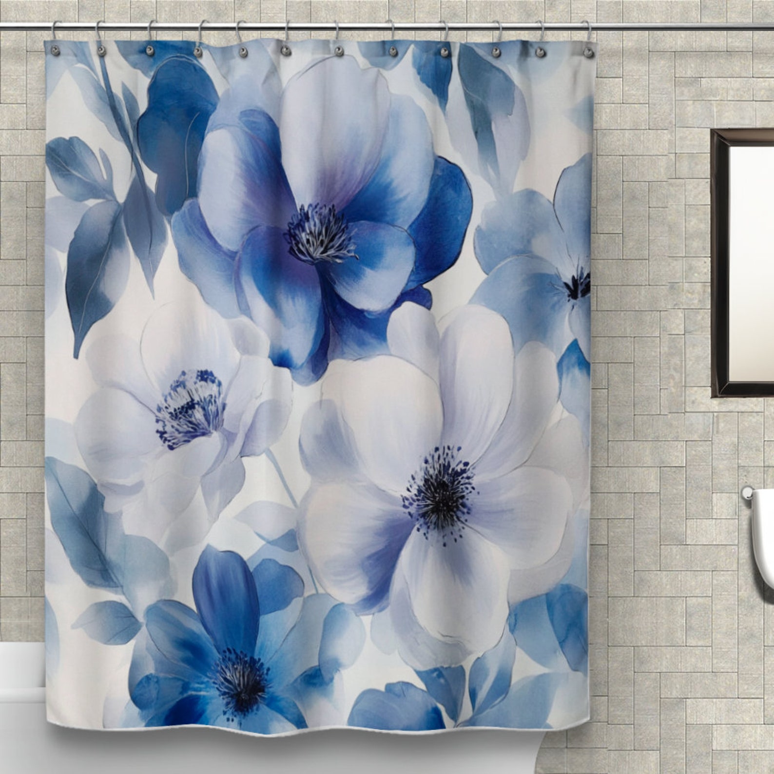 Blue Floral Shower Curtain – Watercolor White and Indigo Flower