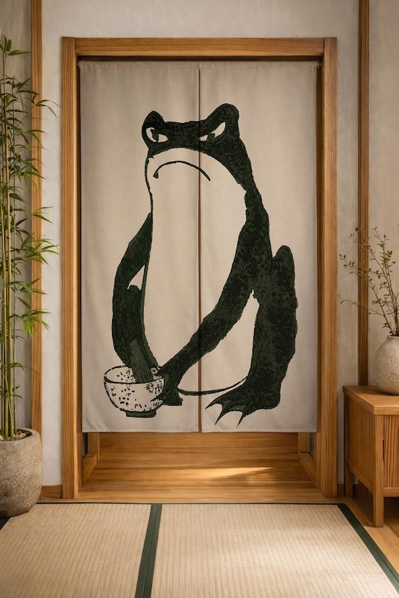 Funny Frog Noren Curtain, Japanese Door Curtain, Whimsical Frog Wall Divider, Frog Lover Gift, Minimalist Animal Japandi Decor