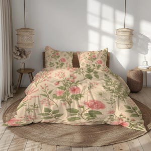 Juego de funda nórdica floral vintage en tonos beige, crema, rosa y verde, con motivos botánicos. Juego de cama estilo cottagecore de microfibra suave para la decoración del dormitorio.