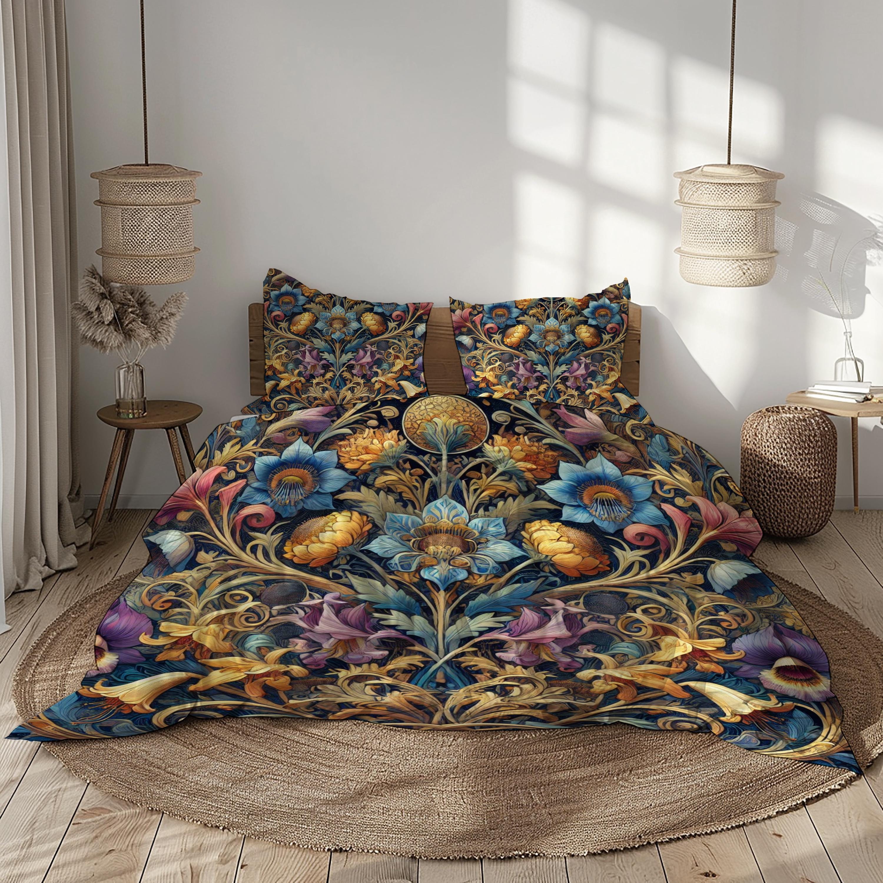Luxury Floral Bedding Set, Duvet Cover with Pillowcases in Elegant Blue, Gold, Purple, and Black Tones, Baroque Microfiber Design