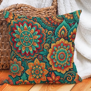 Boho Mandala Kissenbezug: Lebhaftes Teal, Rot, Orange