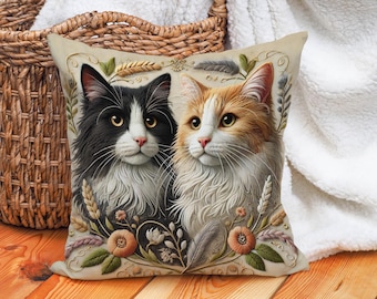 Funda de cojín con diseño de gato, diseño de gatos reales, funda de almohada decorativa con diseño de gato, arte felino, funda de almohada con estampado floral vintage, 45,7 x 45,7 cm
