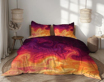 Roodoranje marmeren dekbedovertrekset Abstract Fire Swirl beddengoed Gedurfd verloop Dekbedovertrek Moderne luxe slaapkamerinrichting