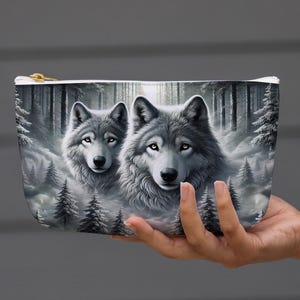 Wolf Zipper Pouch: Mystical Forest Cosmetic Bag, Gothic Travel Clutch