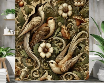 Vintage Bird Shower Curtain | Elegant Nature-Inspired Floral Design | Classic Bathroom Decor in Multiple Sizes