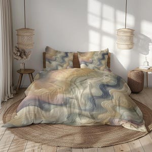 Abstract Swirl-beddengoed: beige, blauw en goud microvezeldekbed