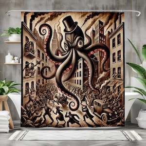 May include: Shower curtain featuring a black octopus wearing a top hat, towering over a city street scene. The artwork is in sepia tones, with a vintage, comic book style. The octopus has red suckers on its tentacles.