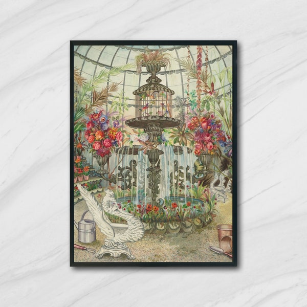 Botanical Haven: 'Conservatory Fountain' (c. 1938) by Perkins Harnly and Nicholas Zupa, Lush Garden Art Print