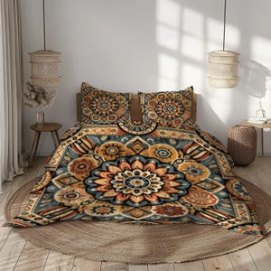 May include: A bohemian style bedding set with a large mandala pattern in shades of blue, orange, yellow, and brown. The bedding features a duvet cover and two pillowcases.