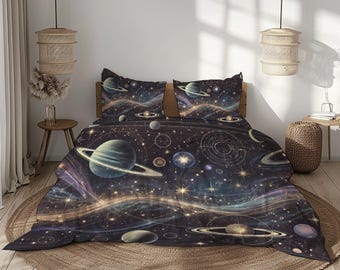 月と星の掛け布団カバー、天体寝具、夜空の寝室セット、三日月ベッド