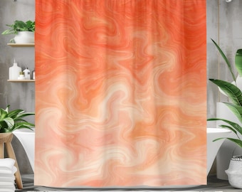 May include: A shower curtain with an abstract design in shades of orange and white. The pattern is a swirling, marbled effect, with a gradient from a darker orange at the top to a lighter, creamy white at the bottom. The curtain is hung in a bathroom.