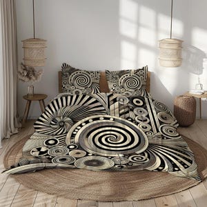 May include: A black and white bedding set featuring a geometric pattern of swirling circles and lines. The bedding is made from soft, comfortable fabric and has a modern, abstract design.