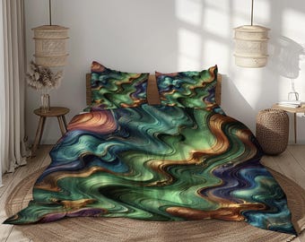 Set di biancheria da letto Abstract Swirl – Copripiumino marmorizzato psichedelico – Biancheria da letto artistica colorata – Set di biancheria da letto Trippy Fluid Art – Arredamento per camera da letto Boho