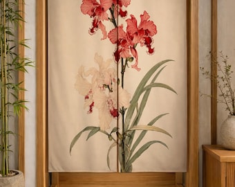 May include: A rectangular fabric door curtain featuring a botanical illustration of vibrant red and pale pink orchid-like flowers with long green leaves. The curtain is split down the center and hangs within a wooden door frame in a room.