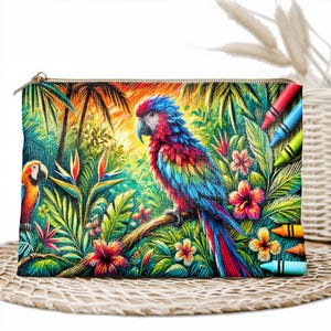 Parrot Makeup Bag, Tropical Cosmetic Pouch, Jungle Zippered Travel Bag, Waterproof Polyester Toiletry Bag, Gift for Bird Lovers, Vibrant Art