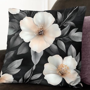 Schwarzer Blumen Kissenbezug: Eleganter Weißer Blumen Kissenbezug