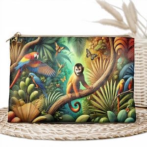 Tropical Jungle Makeup Bag - Monkey and Parrot Cosmetic Pouch with Vibrant Nature Print - Travel Organizer