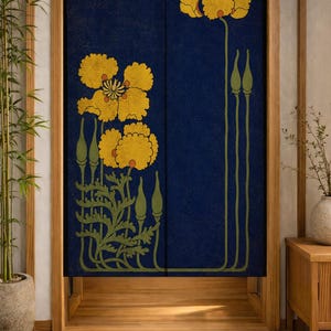 May include: A rectangular fabric noren curtain featuring a deep navy blue background with a printed design of large yellow flowers, green stems, and closed buds. The curtain is split down the centre and hangs within a wooden door frame.