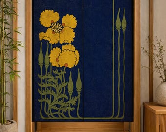May include: A rectangular fabric noren curtain featuring a deep navy blue background with a printed design of large yellow flowers, green stems, and closed buds. The curtain is split down the center and hangs within a wooden door frame.
