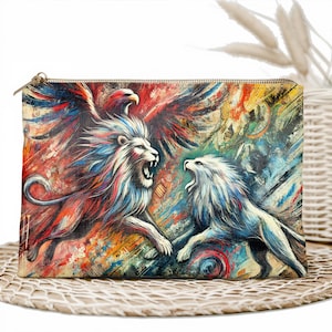 Lion and Wolf Battle Zipper Pouch: Fantasy Art Makeup Bag