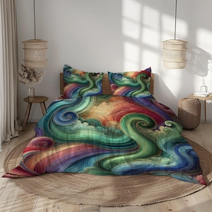 May include: A colorful duvet cover with a swirling, abstract pattern in shades of green, blue, red, and yellow. The duvet cover is made of soft, comfortable fabric and features a unique, artistic design.