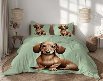 Adorable Dachshund Bedding Set with Duvet Cover and Pillowcases, Cute Dog Design on Mint Green Background for Pet Lovers' Décor