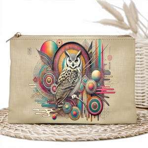 Estuche con cremallera con diseño de búho, bolsa de maquillaje con diseño geométrico vibrante de pájaros, elegante organizador de viaje, estuche de cosméticos artístico, idea de regalo única