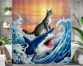 Cat Riding Shark Shower Curtain: Funny Ocean Bathroom Decor
