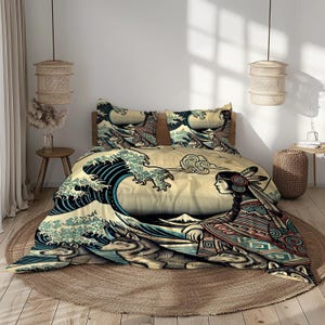 May include: A duvet cover featuring a colorful illustration of a large wave, a woman in traditional clothing, and several wolves. The background is a light beige color.
