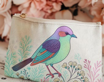 Large Padded Zipper Pouch in Tweethearts- Lover Birds Print  display picture 1