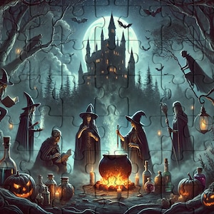 Halloween Witch Gathering Wooden Jigsaw Puzzle for Adults, 200, 300, 500, 1000 Pieces, Gothic Fantasy Puzzle, Haunted Castle Scene