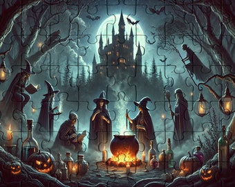 Halloween Witch Gathering Wooden Jigsaw Puzzle: Gothic Haunted Castle