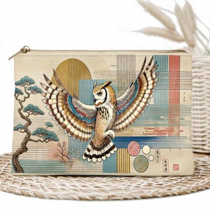 Estuche con cremallera con diseño de búho japonés, elegante neceser de maquillaje con diseño de pájaro, organizador de viaje inspirado en la naturaleza, estuche de cosméticos artístico, idea de regalo única