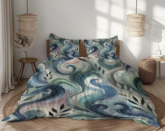 May include: A blue and green bedding set with a swirling wave pattern and leaf accents. The bedding is made of soft, comfortable fabric and is perfect for adding a touch of nature to your bedroom.