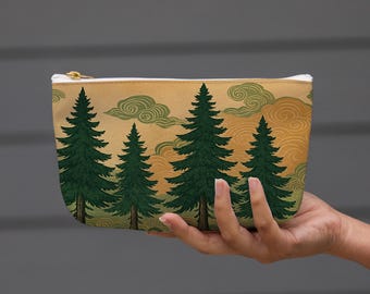 Forest Tree Makeup Bag – Pine Woodland Art Zipper Pouch, Earth Tone Cosmetic Organizer Gift