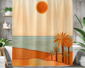 Cortina de ducha retro con puesta de sol: naranja, verde azulado, beige y marrón, con escena costera y palmeras. Decoración moderna para baño. Incluye anillas.